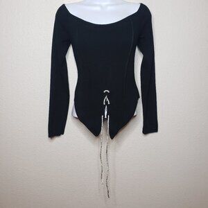 AsYou Sz 10 Boat-Neck Bejeweled Tie Front Blouse, Black(969)